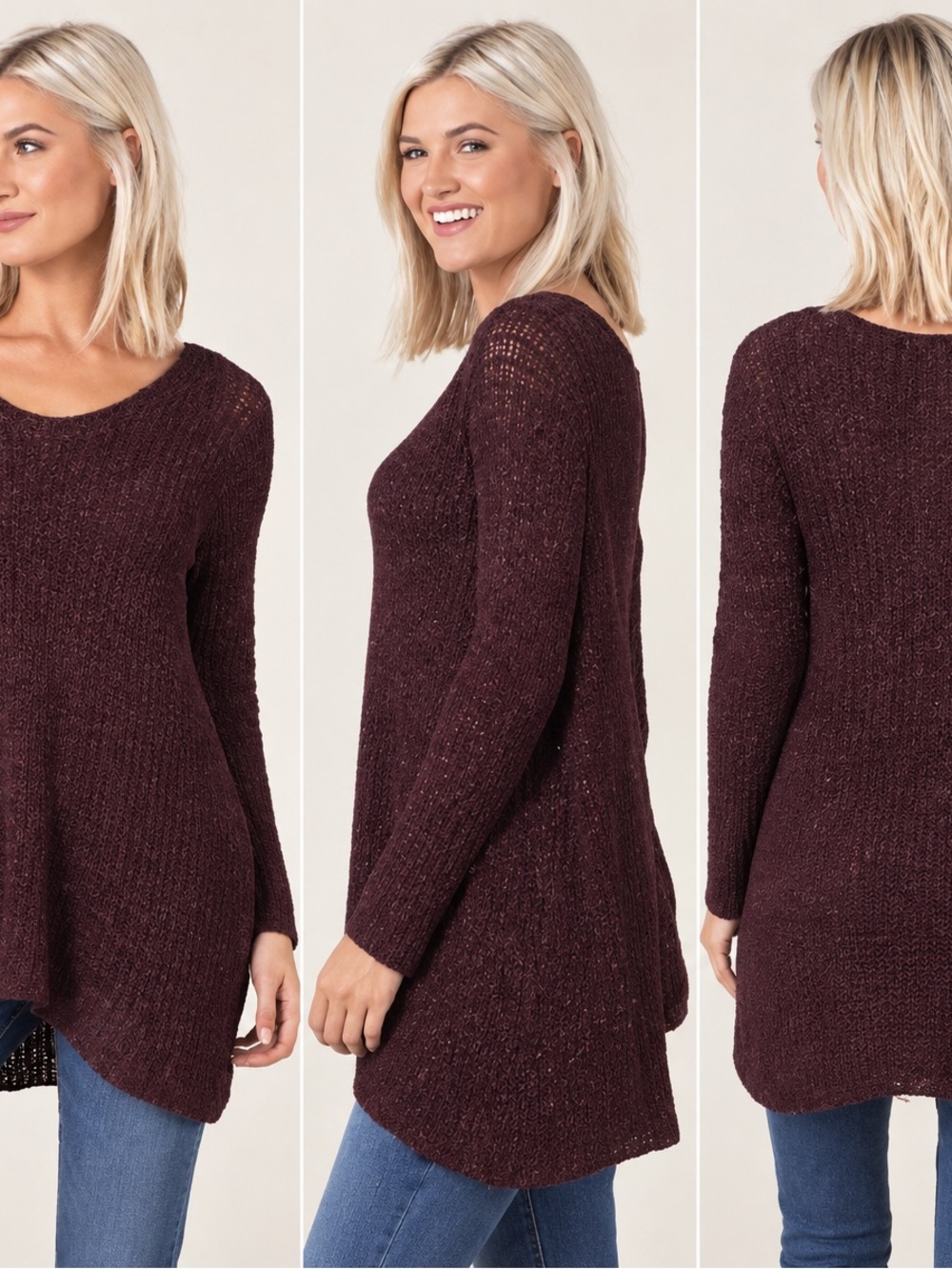 Simply Noelle Scoop Neck Long-Sleeve Tunic Sweater - Plum